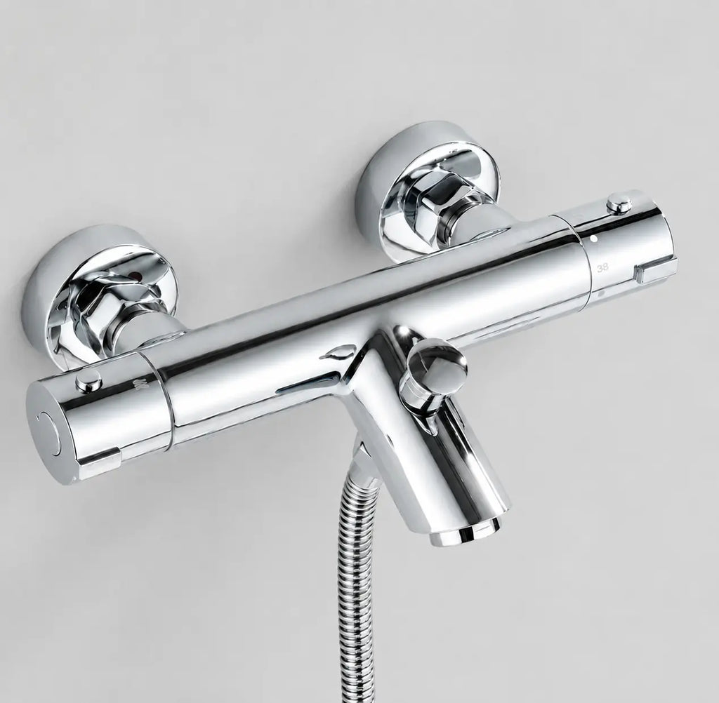 Robinet thermostatique chromé Thermivo avec mitigeur mural moderne et flexible de douche en acier inoxydable