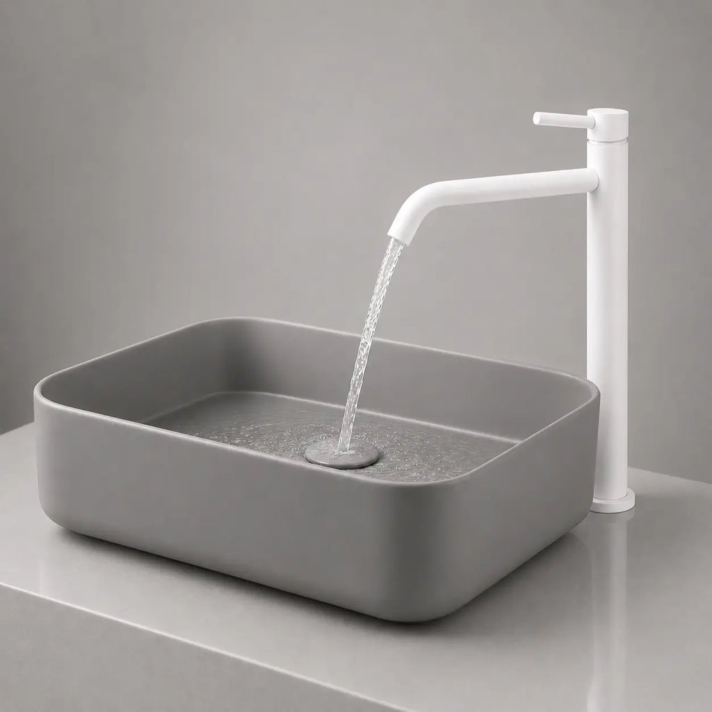 Robinet mitigeur de vasque haut blanc en fonctionnement, design minimaliste avec bec incurvé, installé sur lavabo moderne.