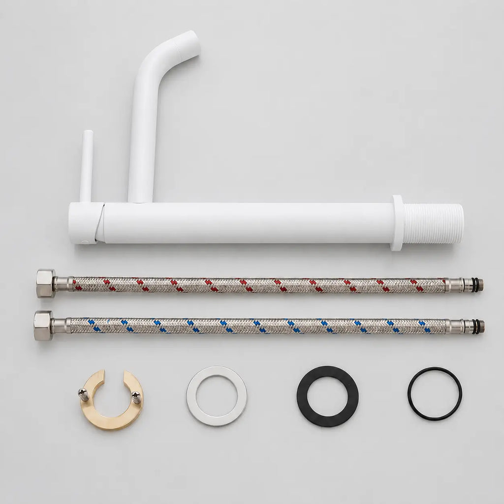  Kit robinet mitigeur de vasque haut blanc avec flexibles de raccordement, joints et accessoires de fixation inclus.