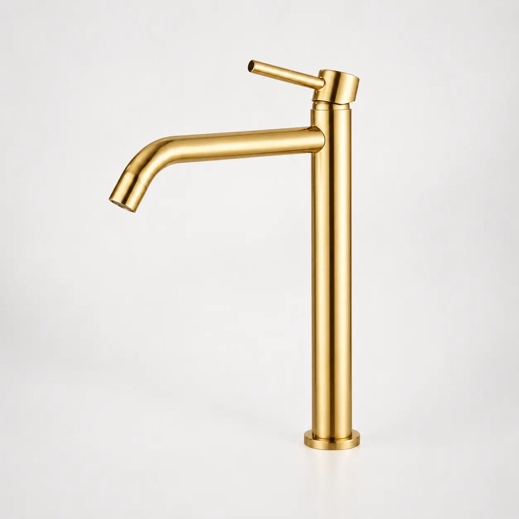 Robinet mitigeur vasque haut minimaliste en or brossé, design cylindrique élégant avec bec incliné moderne