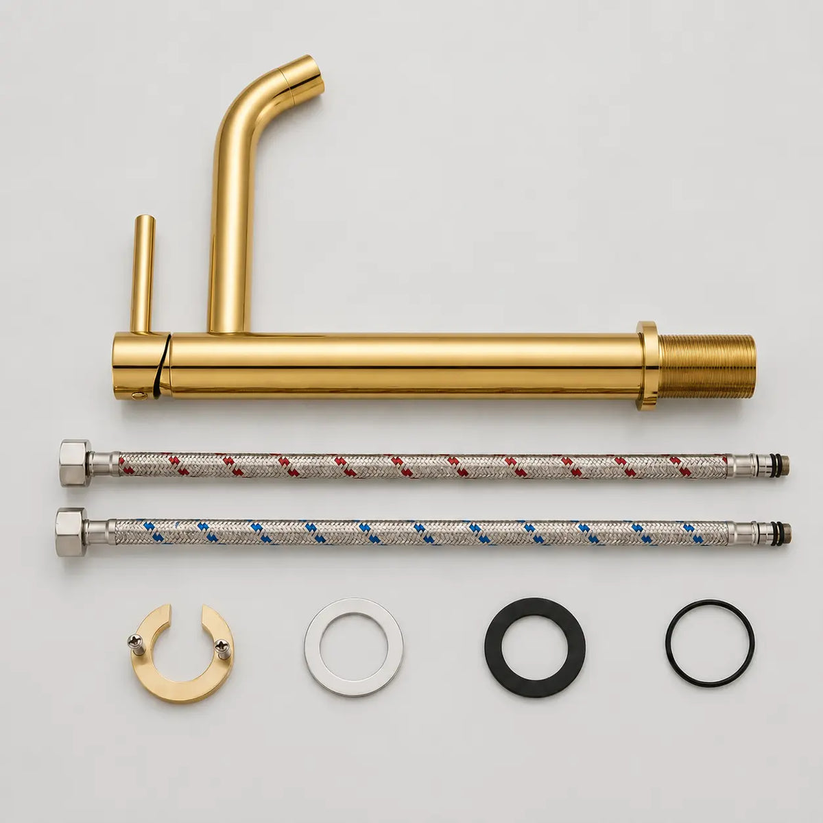 Kit robinet mitigeur vasque en or brossé avec flexibles de raccordement, joints et accessoires de fixation inclus