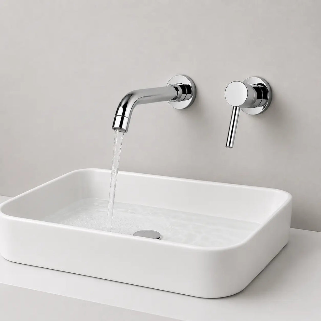Robinet mural encastré chromé avec écoulement d’eau et poignée minimaliste au-dessus d’une vasque moderne