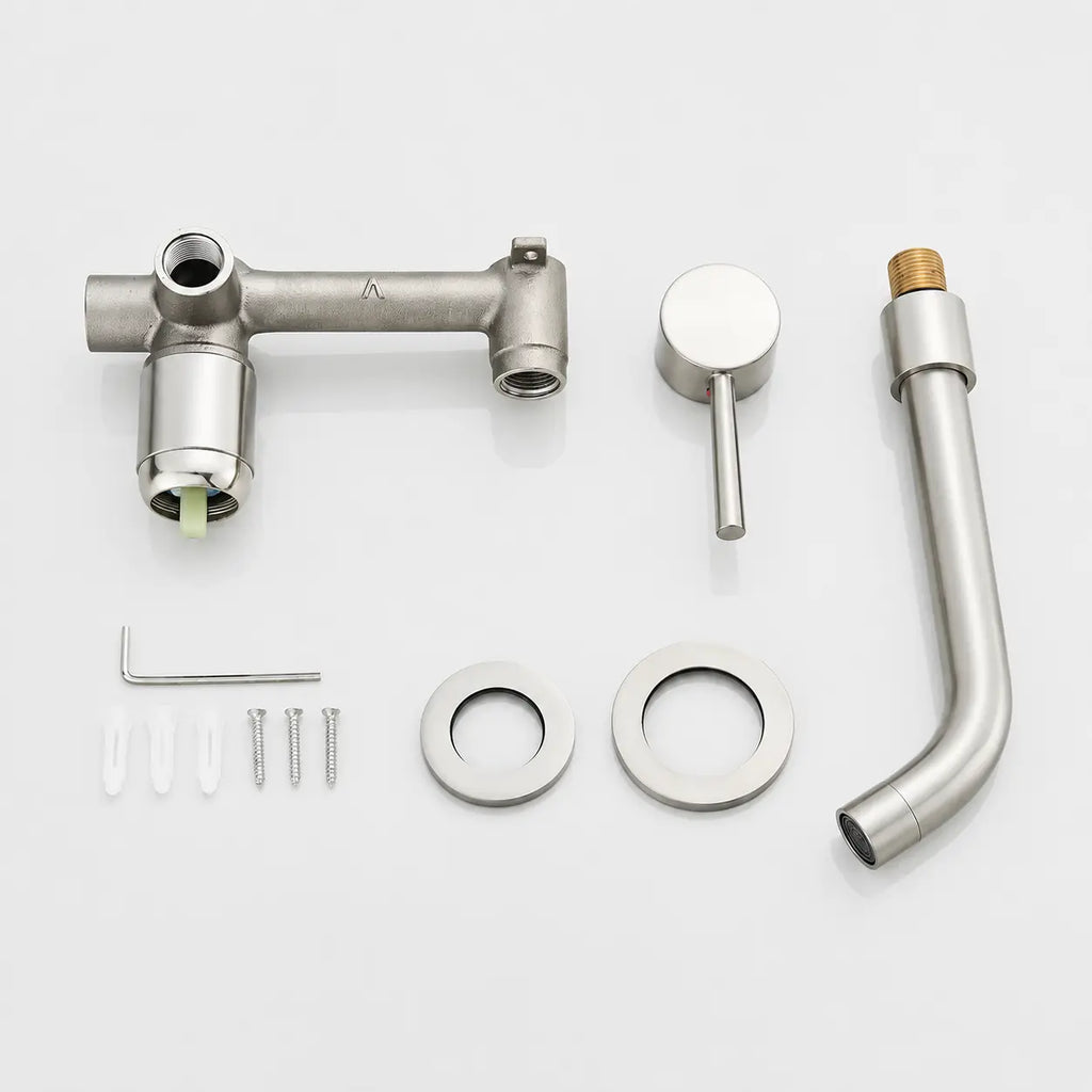 Kit de robinet mural encastré en acier brossé avec bec courbé, poignée minimaliste et accessoires de fixation