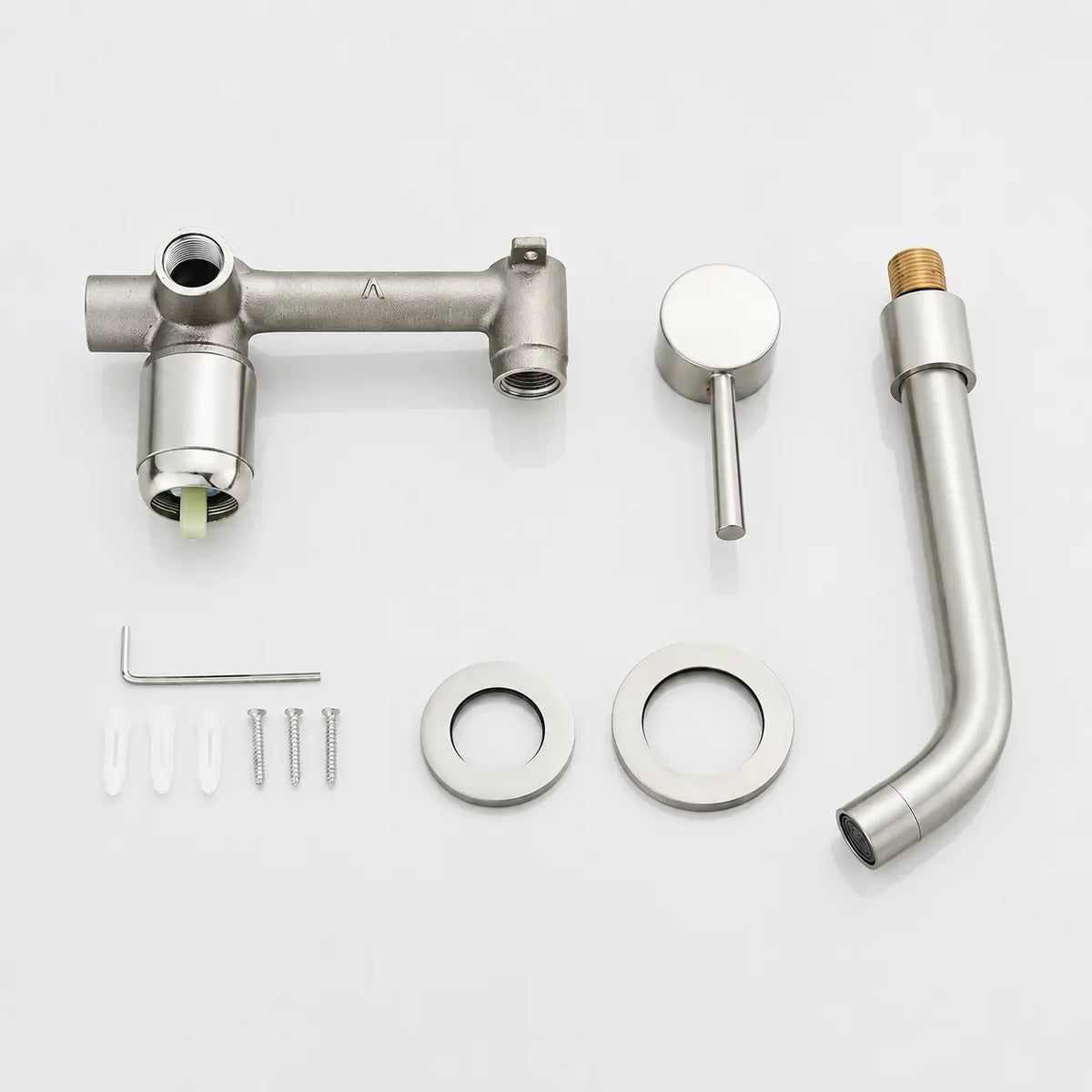Kit de robinet mural encastré en acier brossé avec bec courbé, poignée minimaliste et accessoires de fixation