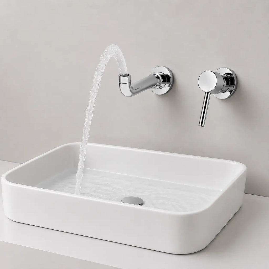 Robinet mural encastré chromé avec écoulement d’eau et poignée minimaliste au-dessus d’une vasque moderne