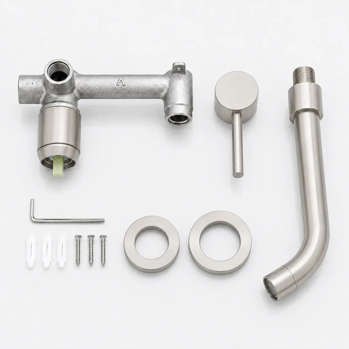 Kit de robinet mural encastré gris brossé avec bec incurvé, poignée minimaliste et accessoires d’installation