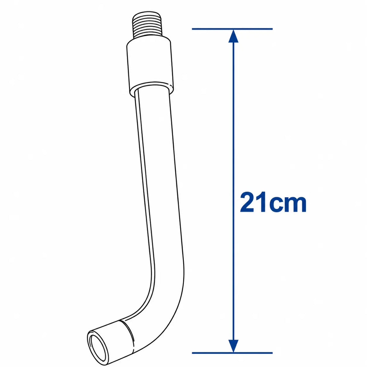 Schéma technique d’un bec de robinet mural incurvé gris brossé avec dimension de 21 cm pour salle de bain