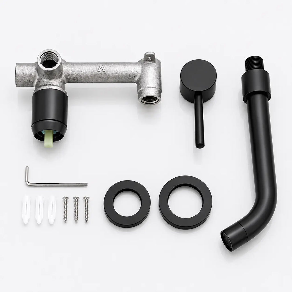 Ensemble de robinet mural noir mat avec pièces d’encastrement, bec courbé et poignée minimaliste pour lavabo moderne.