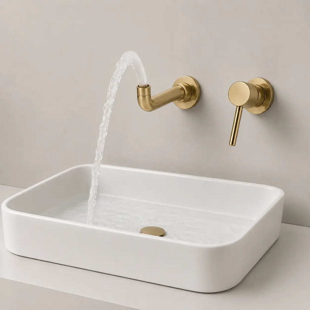 Robinet mural encastré or brossé avec jet d’eau courbé au-dessus d’une vasque blanche contemporaine