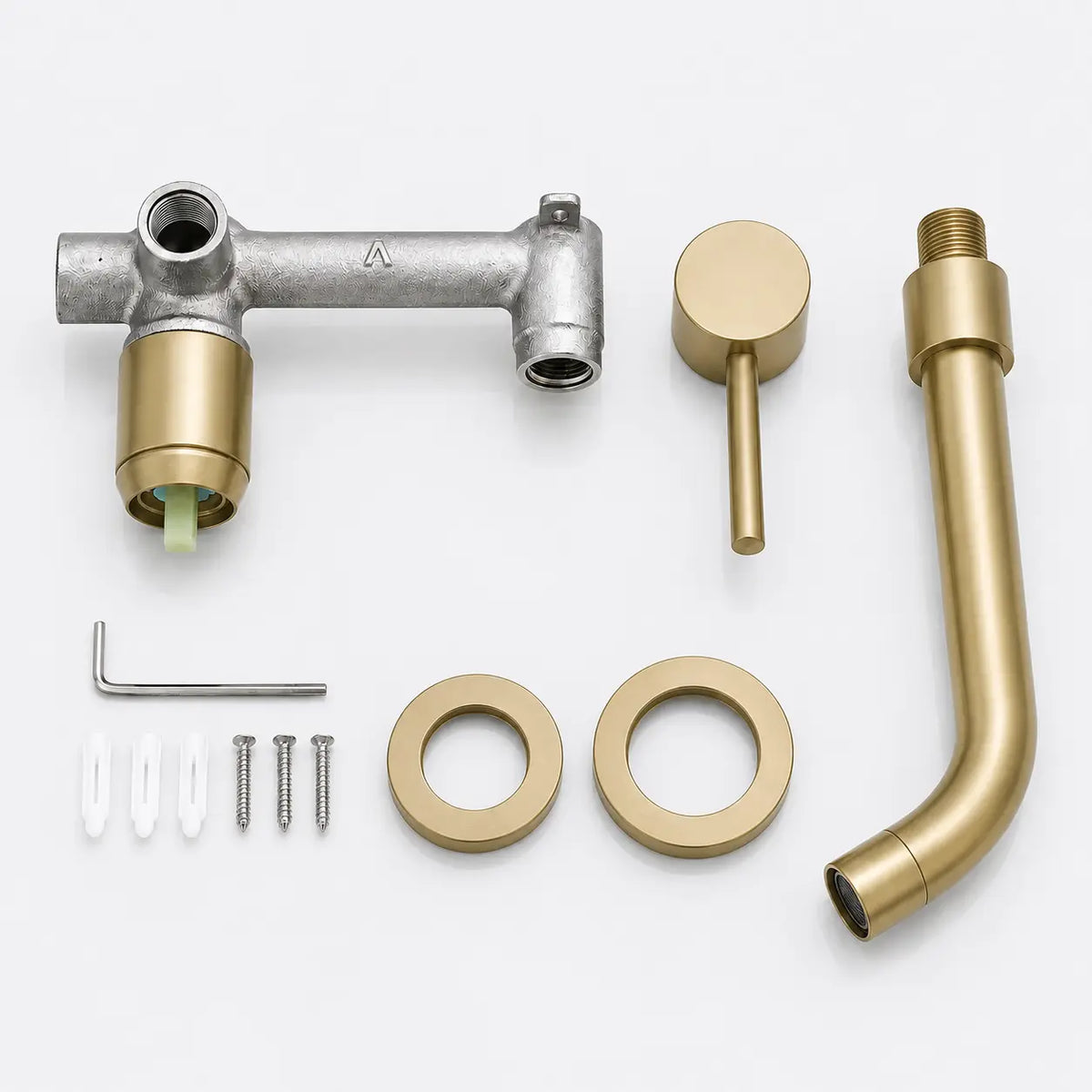 Kit de robinet mural encastré or brossé avec bec, poignée et pièces d’installation pour salle de bain moderne