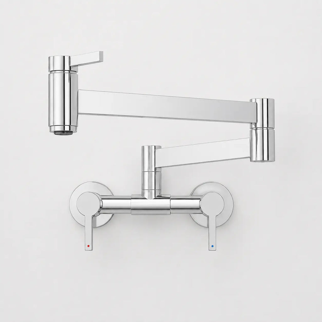 Robinet mural de cuisine chromé à bras articulé extensible avec double commande, design moderne et finition brillante.