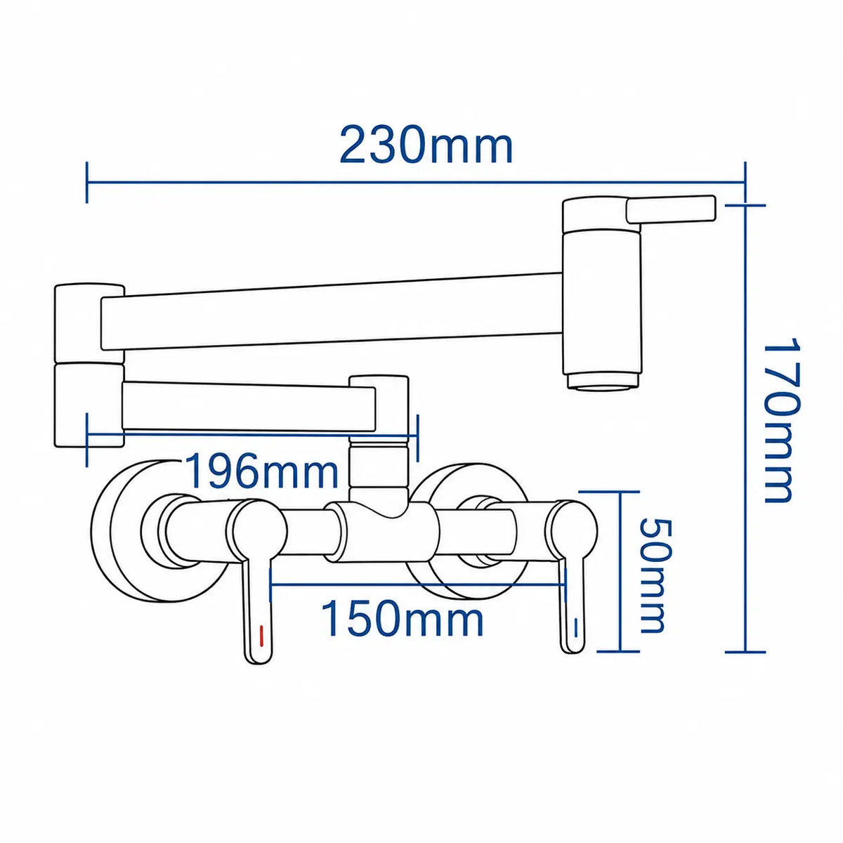 Schéma dimensions robinet mural de cuisine articulé chromé, portée 230 mm, entraxe 150 mm, hauteur 170 mm.