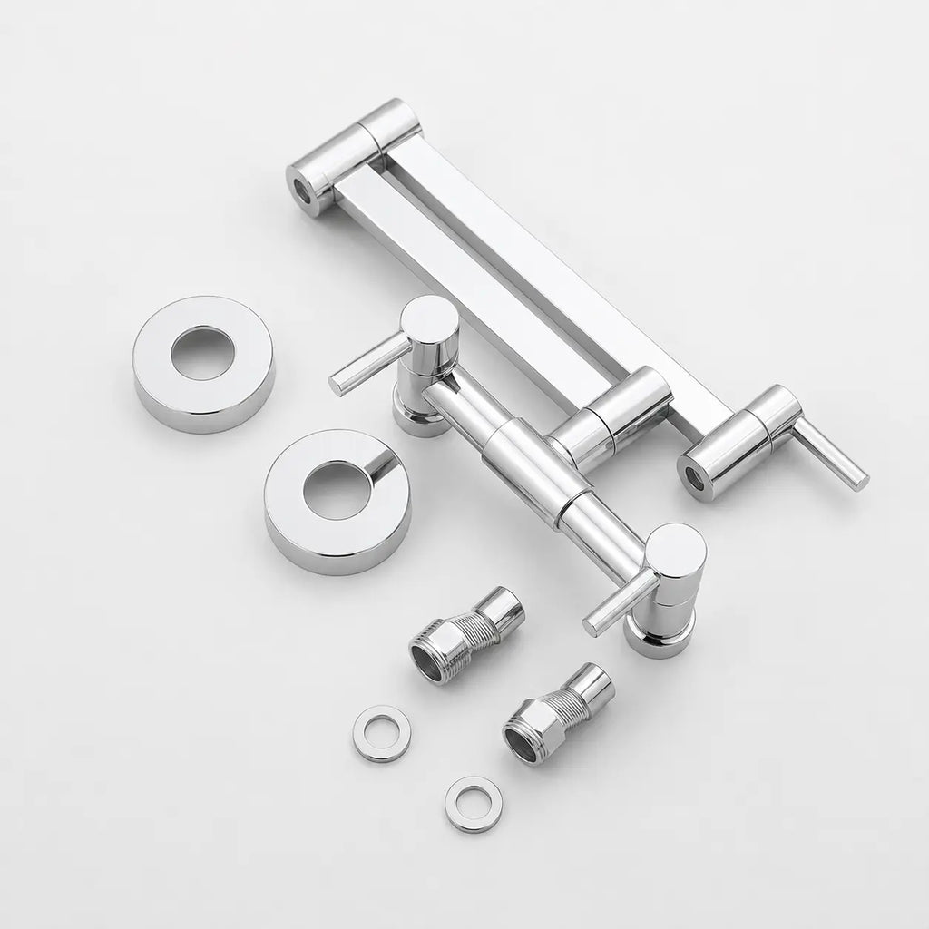 Kit de robinet mural de cuisine chromé avec bras articulé, double commande et accessoires de montage inclus.