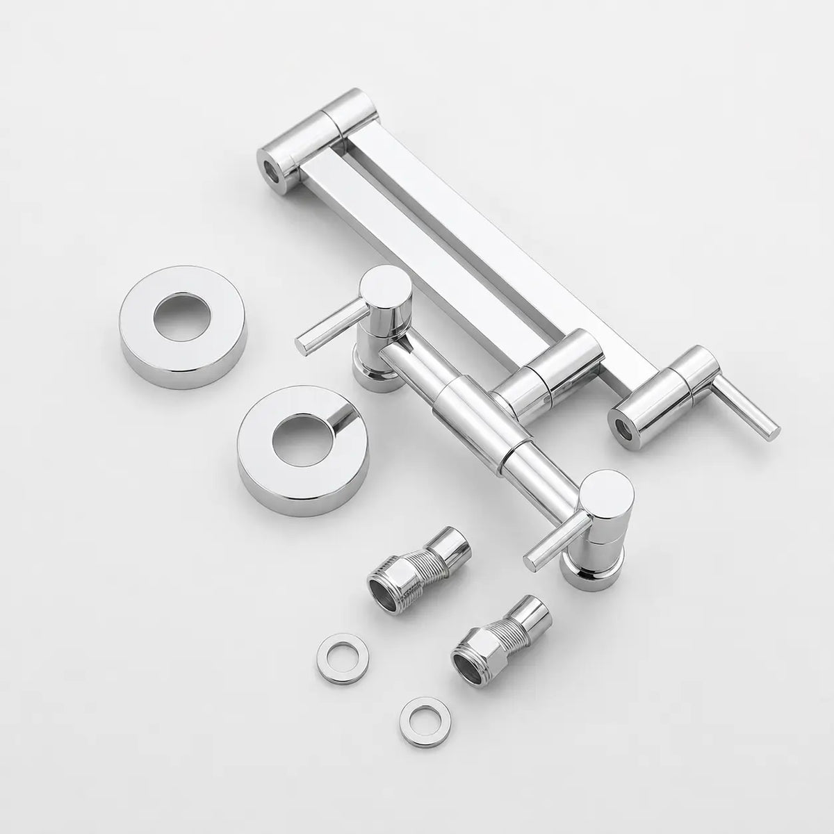 Kit de robinet mural de cuisine chromé avec bras articulé, double commande et accessoires de montage inclus.