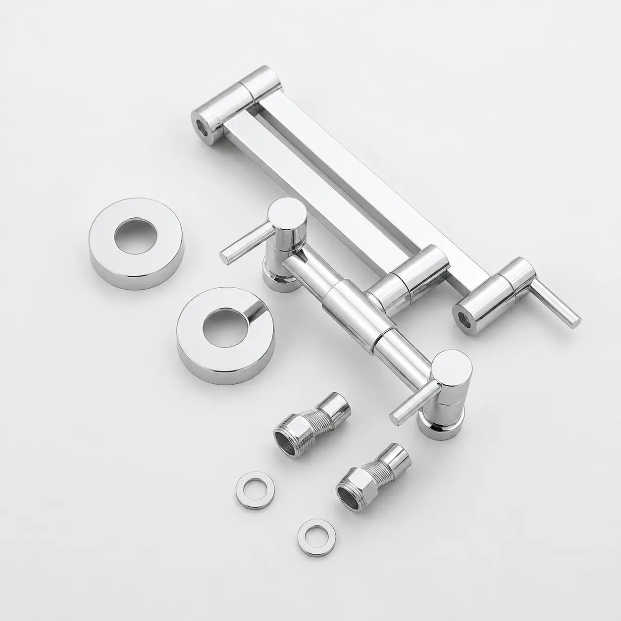 Kit de robinet mural de cuisine chromé avec bras articulé, double commande et accessoires de montage inclus. Image