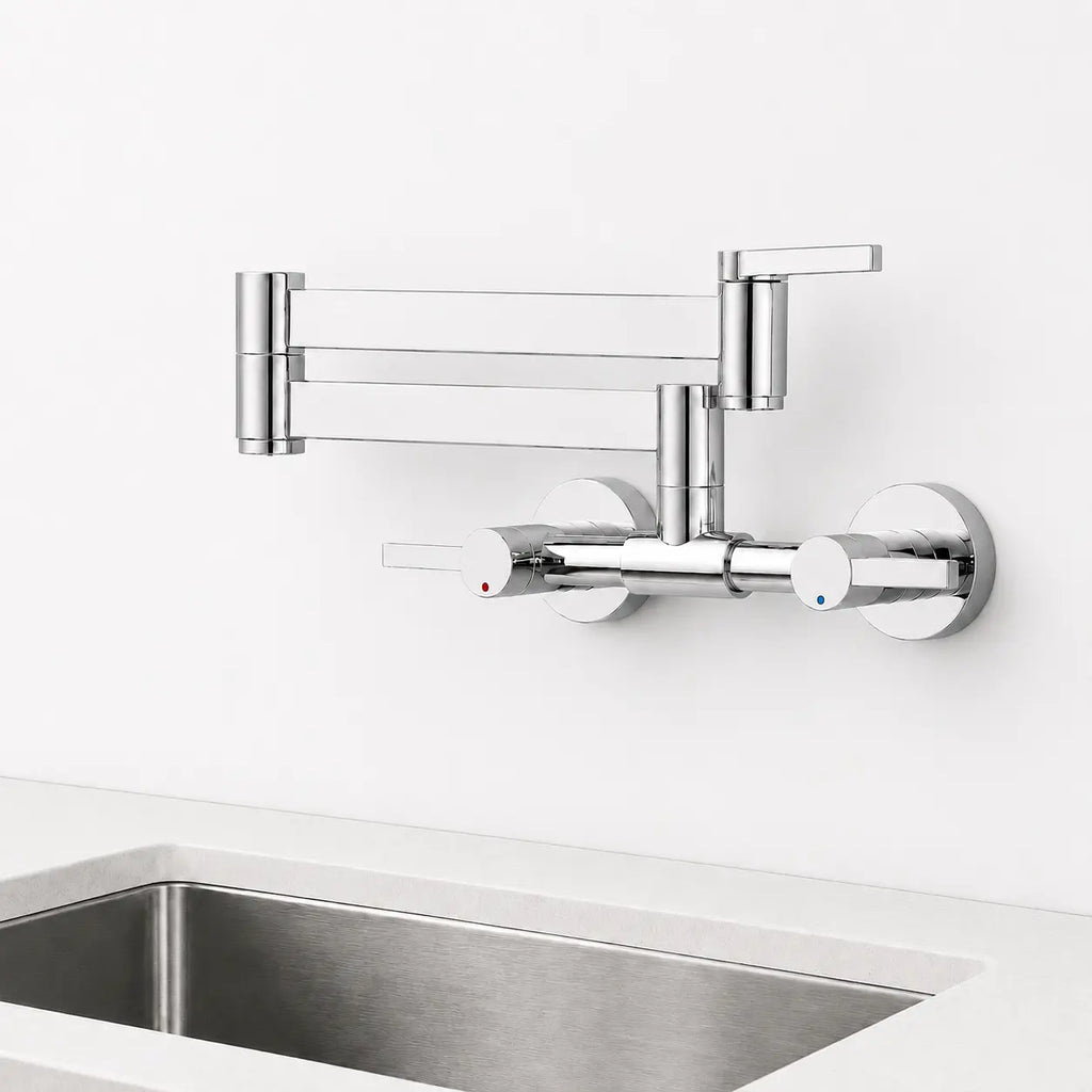  Robinet mural de cuisine chromé à bras articulé repliable, double commande eau chaude/froide et design moderne.