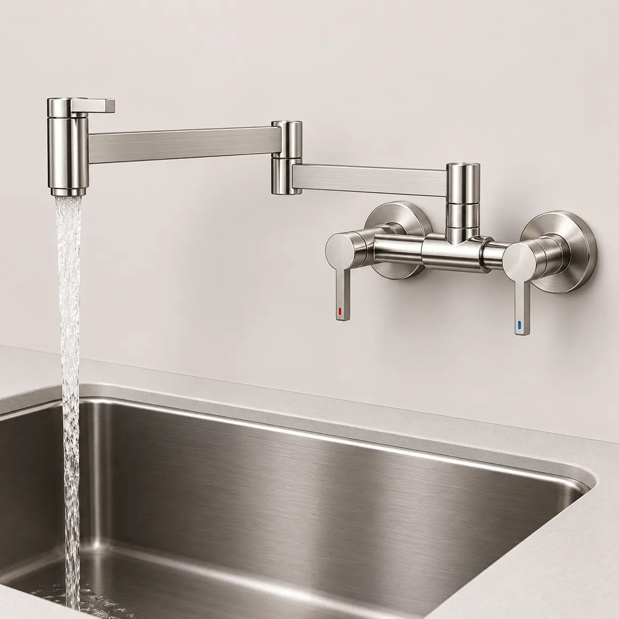 Robinet mural rabattable de cuisine en nickel brossé avec bras articulé déployé et jet d’eau au-dessus d’un évier Image