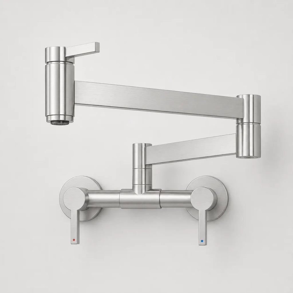 Robinet mural rabattable de cuisine en nickel brossé avec bras articulé pivotant et double commande à levier