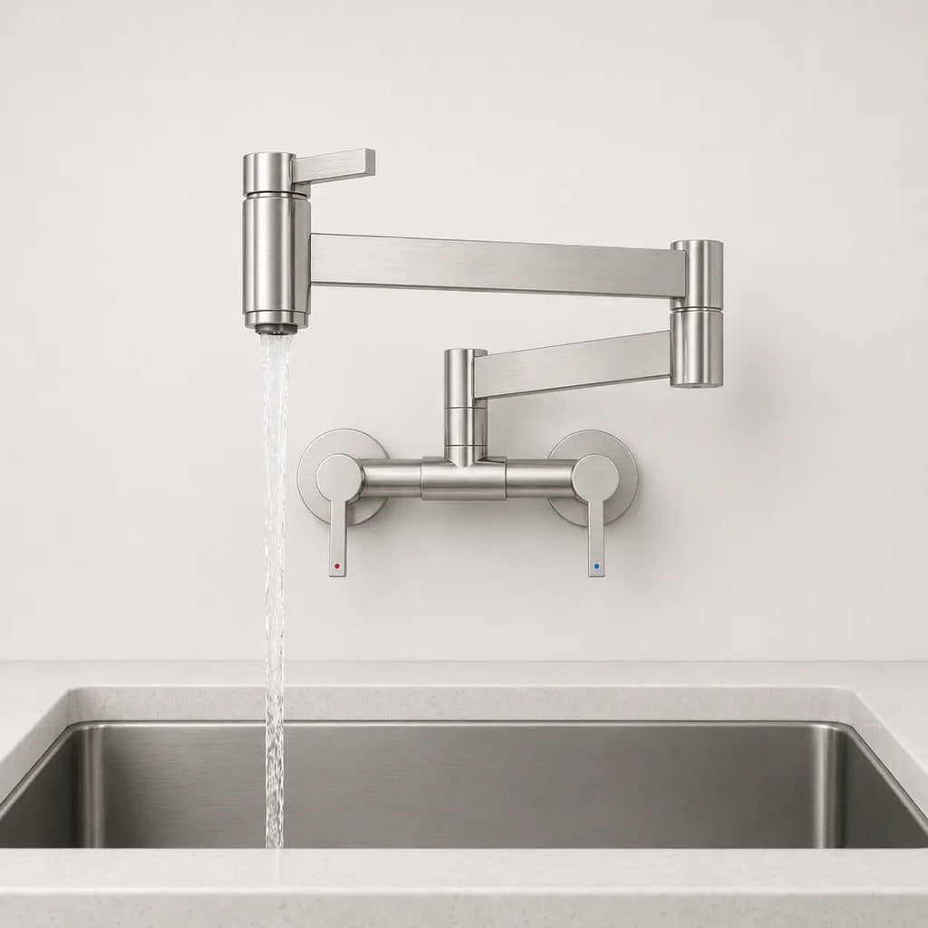 Robinet mural rabattable de cuisine en nickel brossé avec bras articulé pivotant, double levier et jet d’eau en usage