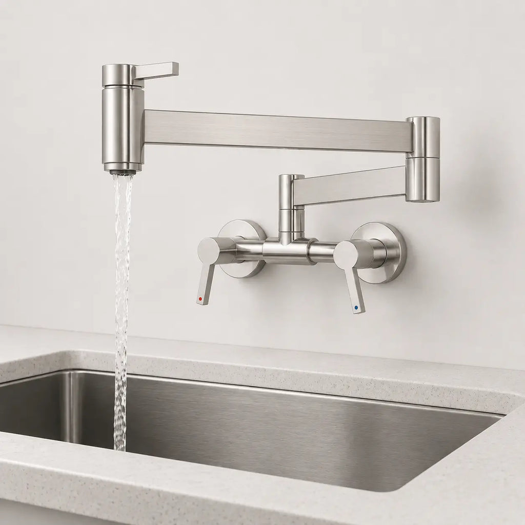  Robinet mural rabattable de cuisine en nickel brossé avec bras articulé pivotant et jet d’eau au-dessus d’un évier