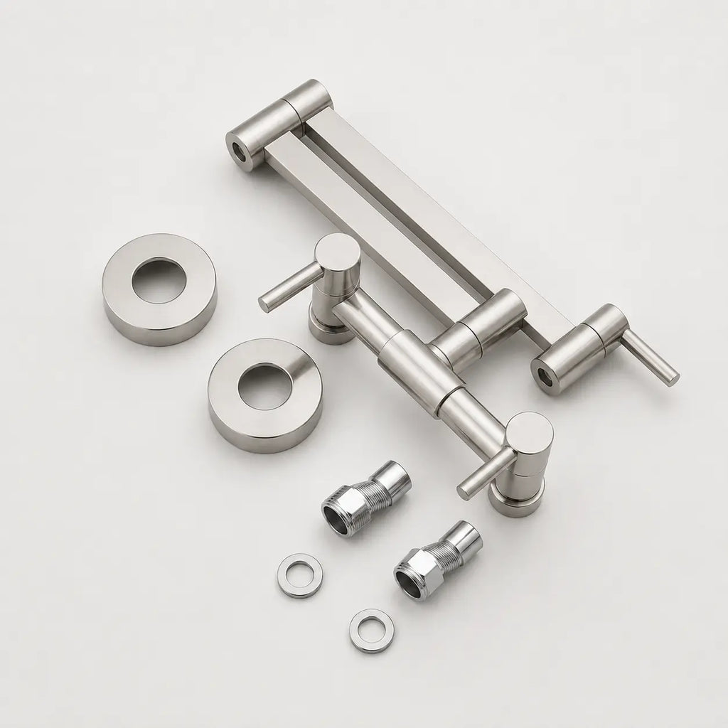 Kit robinet mural rabattable de cuisine en nickel brossé avec bras articulé, rosaces et accessoires de montage