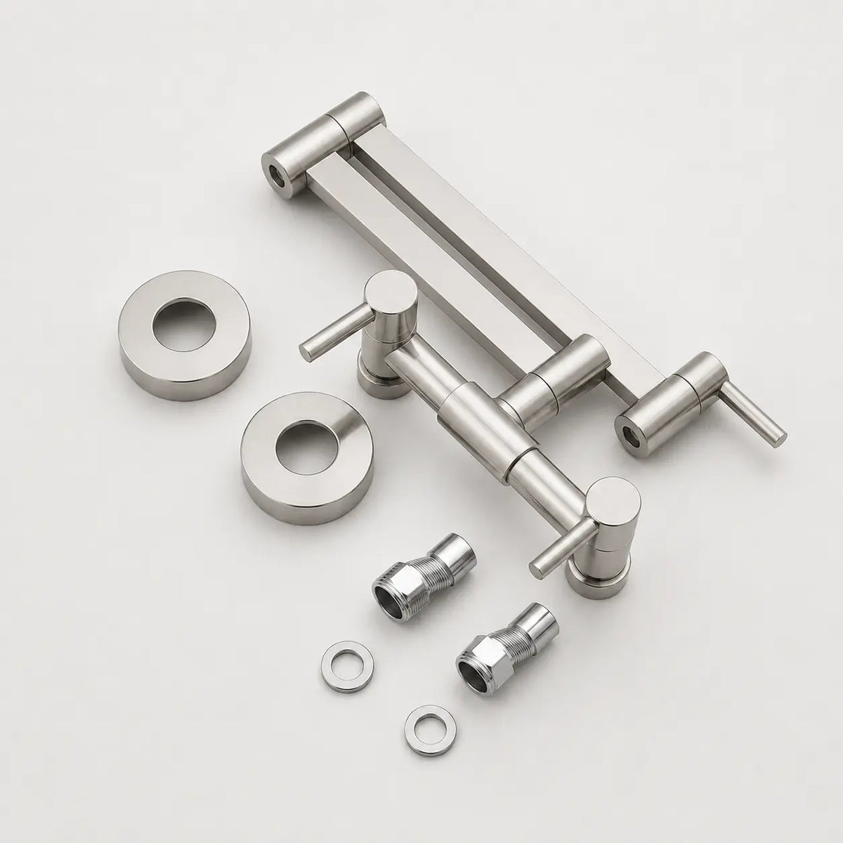 Kit robinet mural rabattable de cuisine en nickel brossé avec bras articulé, rosaces et accessoires de montage