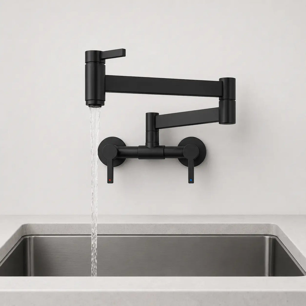 Robinet mural de cuisine noir mat avec bras articulé rabattable en fonctionnement, offrant un remplissage direct et pratique.