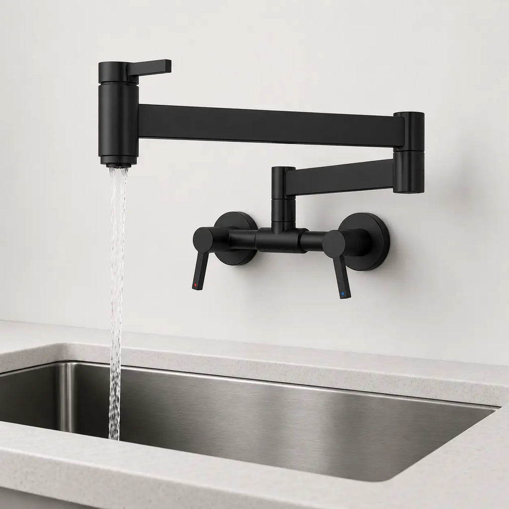 Robinet mural de cuisine noir mat avec bras articulé déployé et écoulement d’eau, idéal pour un remplissage pratique.