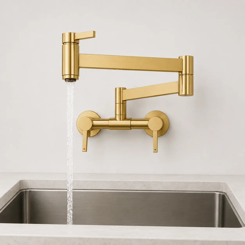 Robinet mural rabattable de cuisine en or brossé avec bec articulé pivotant, en fonctionnement au-dessus d’un évier