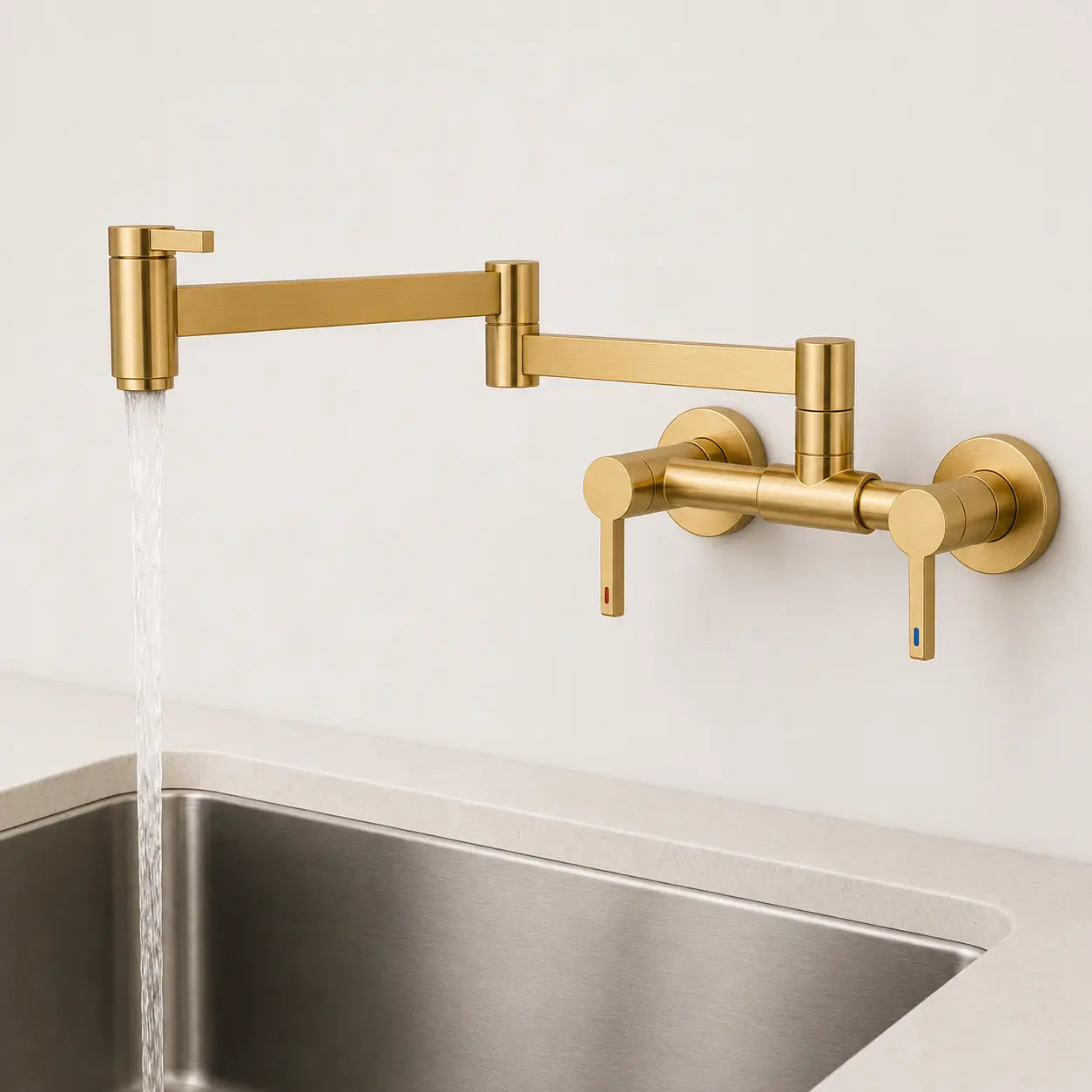  Robinet mural de cuisine finition dorée avec bras articulé extensible en fonctionnement, idéal pour un remplissage précis. Image