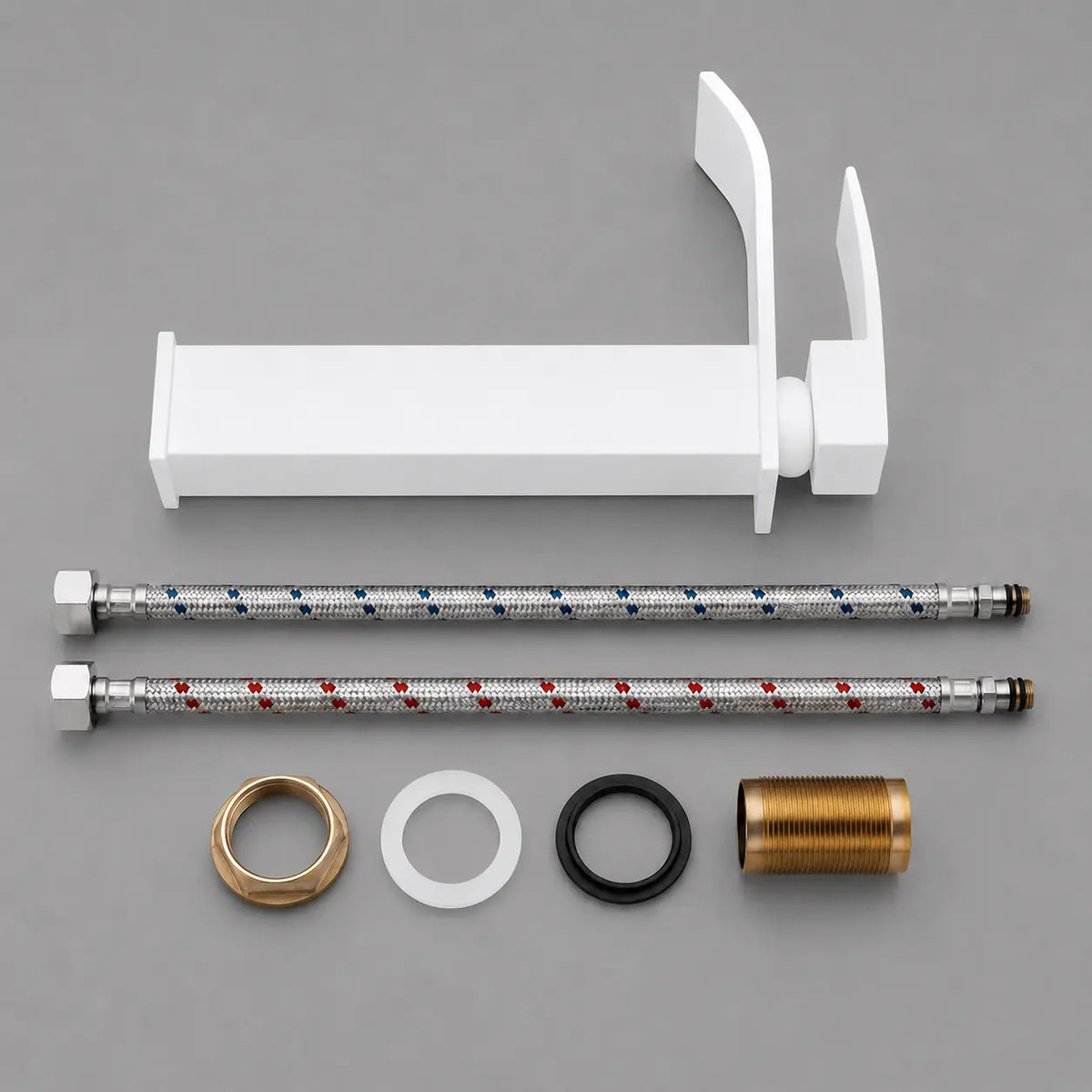  Kit robinet de vasque cascade blanc avec flexibles de raccordement et accessoires de fixation pour installation facile.