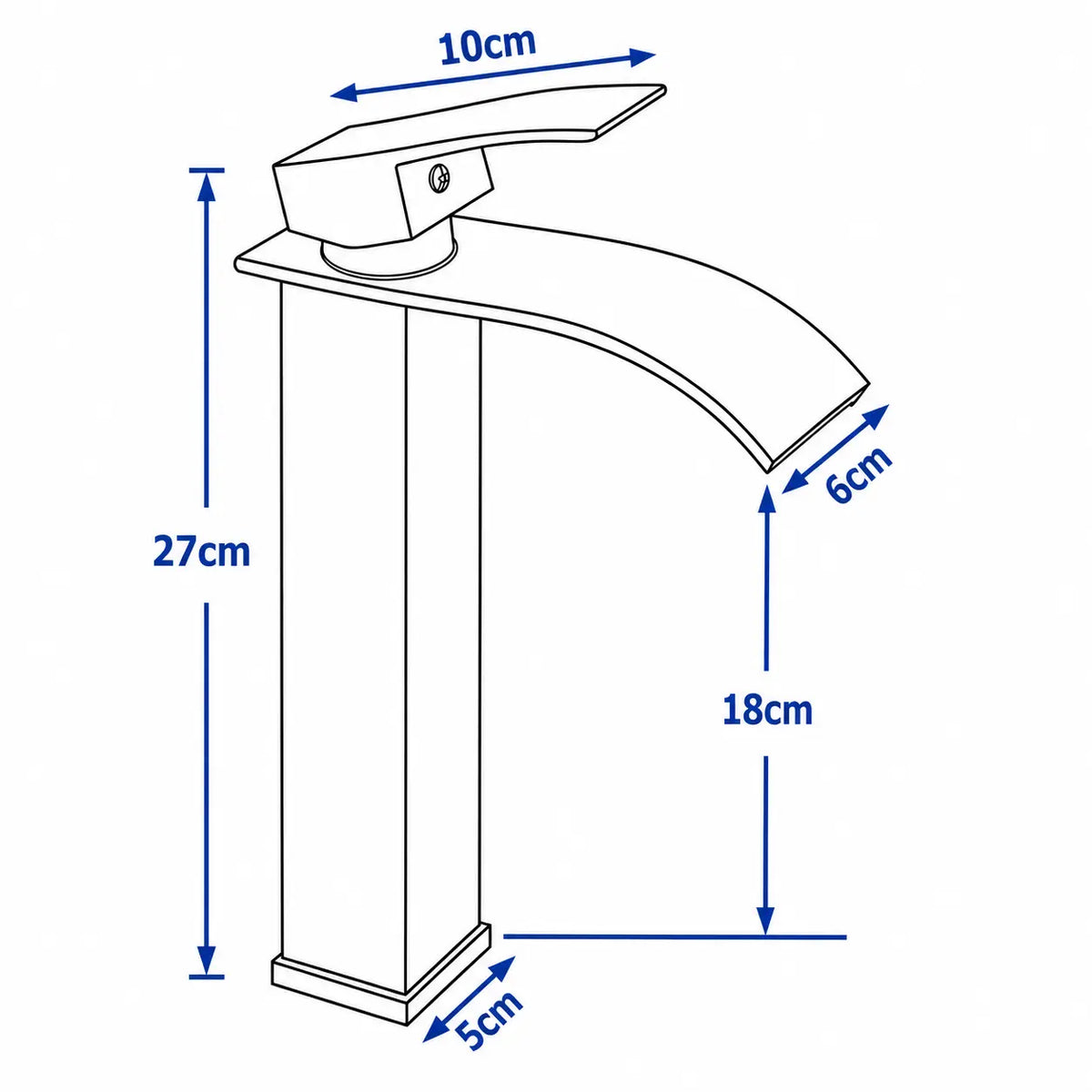 Schéma technique d’un robinet de vasque cascade chromé avec dimensions détaillées : 27 cm de haut, portée de 18 cm