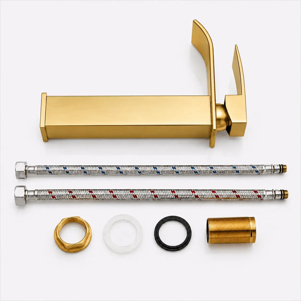 Robinet de vasque or mat avec kit d’installation complet, flexibles de raccordement et accessoires de montage inclus
