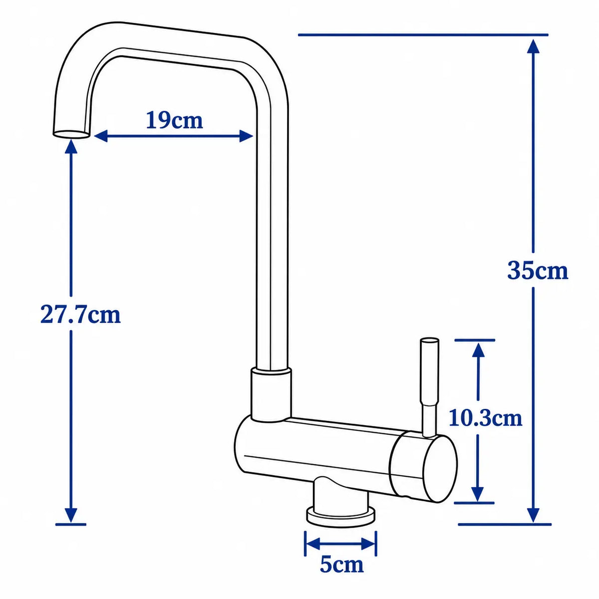 Schéma dimensions robinet de cuisine avec hauteur 35 cm, portée 19 cm et hauteur de sortie 27,7 cm