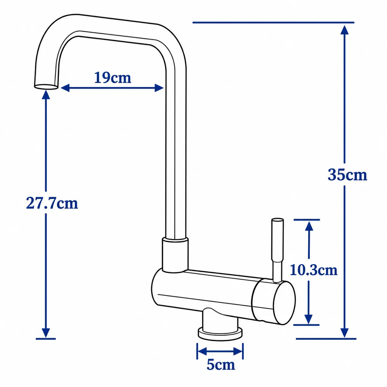 Schéma dimensions robinet de cuisine avec hauteur 35 cm, portée 19 cm et hauteur de sortie 27,7 cm Image