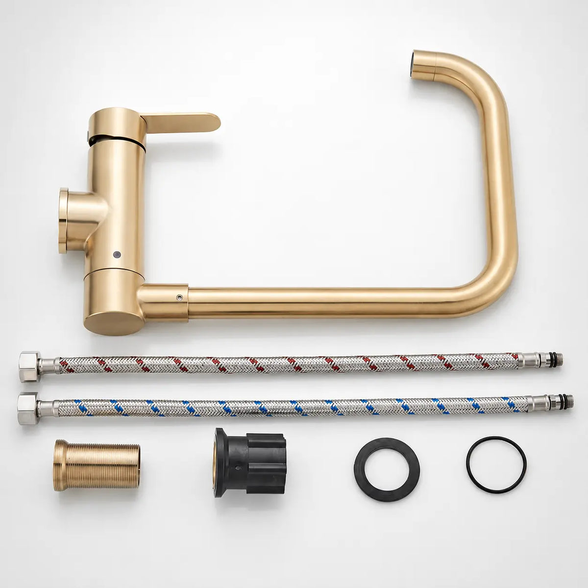 Kit robinet de cuisine doré brossé avec flexibles, joints et accessoires de montage, design moderne et complet