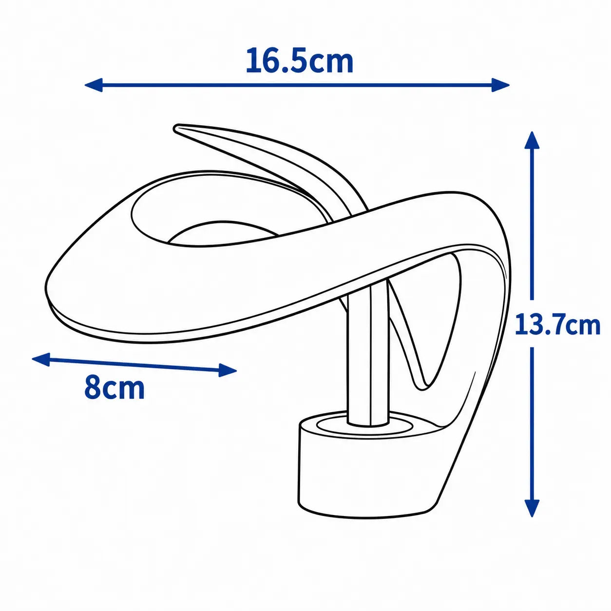 Schéma dimensionnel du mitigeur lavabo cascade chromé, dimensions 16,5 cm de large, 13,7 cm de haut et bec 8 cm Image