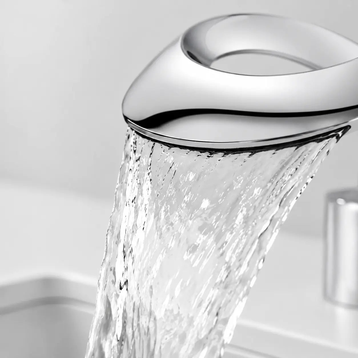 Gros plan sur le bec cascade du mitigeur de lavabo chromé en laiton, avec écoulement fluide pour une salle de bain moderne Image