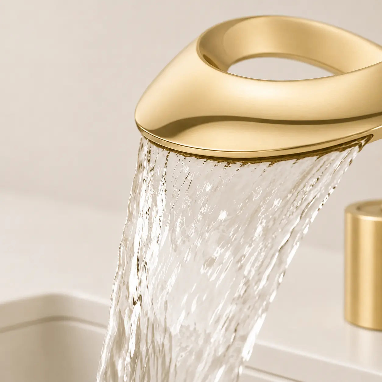 Gros plan sur le jet cascade du robinet de lavabo en laiton doré mat, offrant un écoulement fluide au design contemporain Image