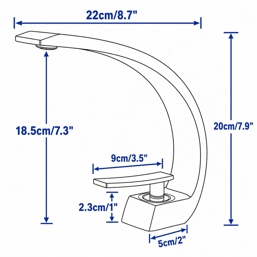  Schéma des dimensions du robinet de lavabo design chromé, avec mesures détaillées pour une installation précise.
