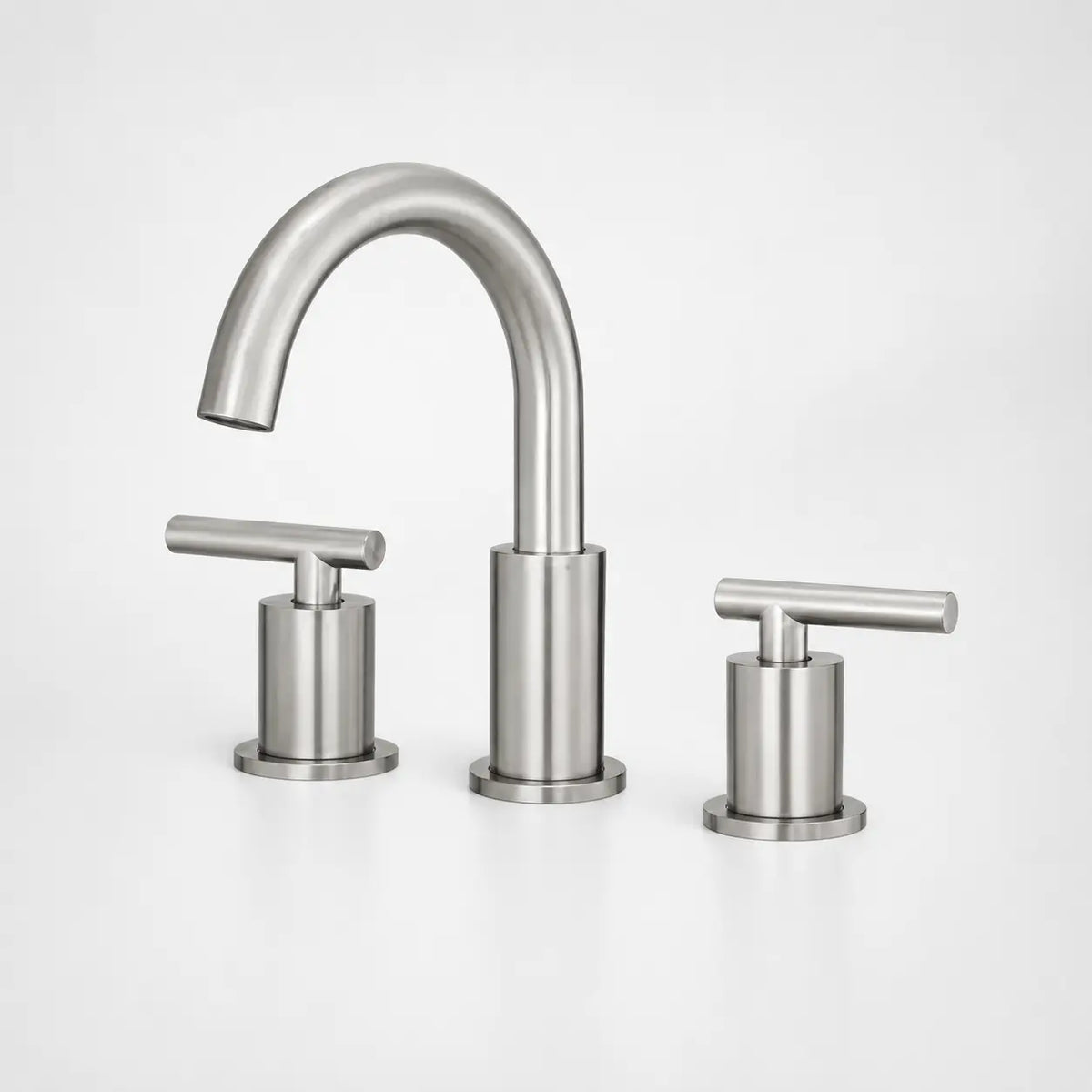 Robinet de lavabo 3 trous en acier inoxydable brossé avec bec incurvé et deux poignées cylindriques modernes
