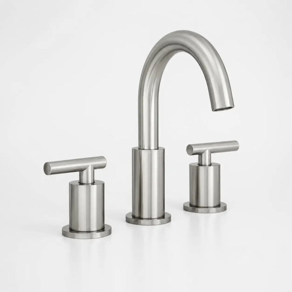Robinet de lavabo 3 trous en acier inoxydable brossé avec bec haut incurvé et poignées cylindriques modernes