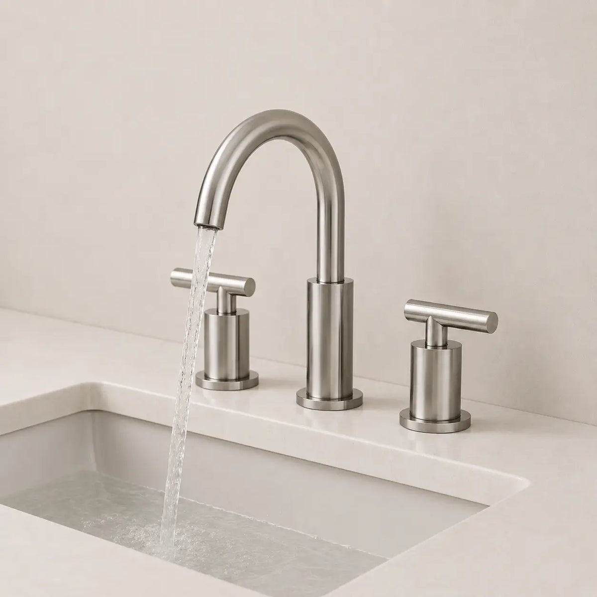 Robinet de lavabo 3 trous en acier inoxydable brossé installé, avec bec incurvé et écoulement d’eau élégant
