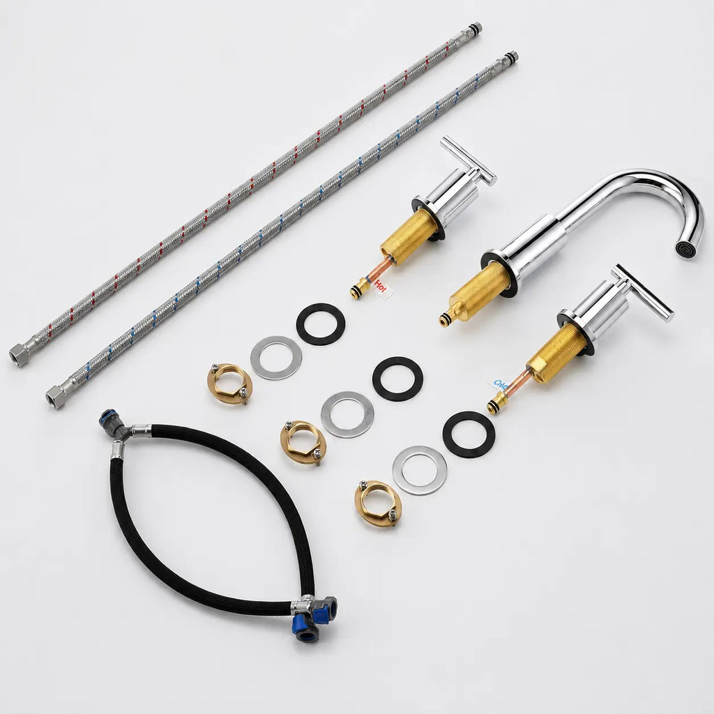 Kit de robinet de lavabo 3 trous en finition chromée avec flexibles, joints et accessoires de montage complets