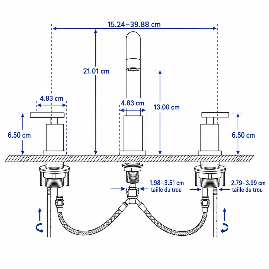 Schéma technique du robinet de lavabo 3 trous avec dimensions précises, entraxe réglable et spécifications d’installation