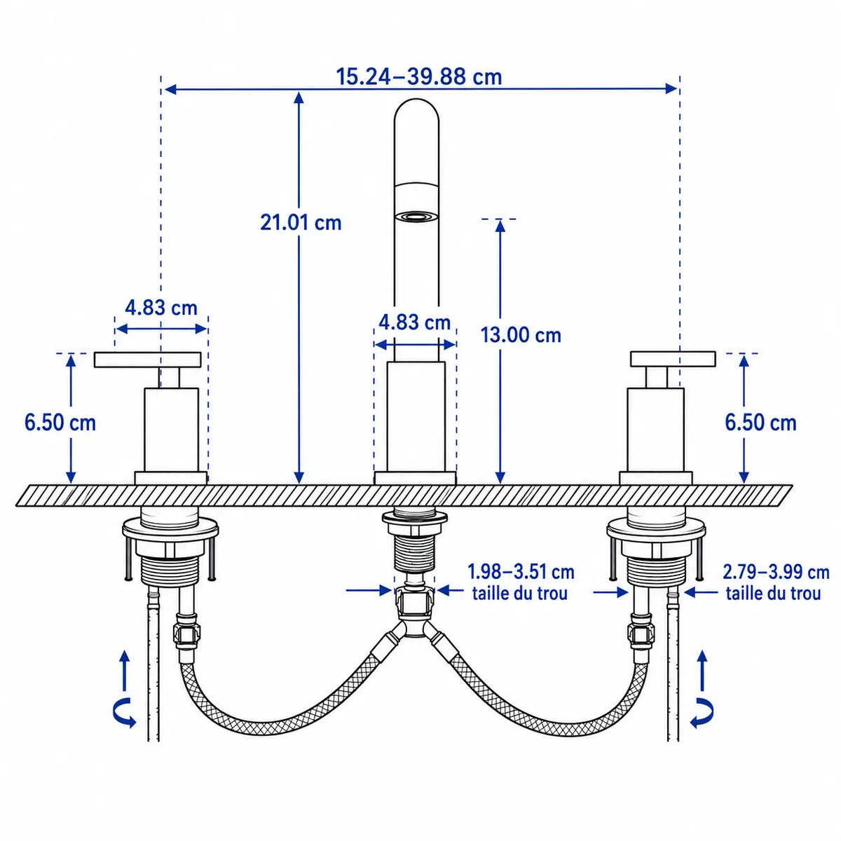 Schéma technique du robinet de lavabo 3 trous avec dimensions précises, entraxe réglable et spécifications d’installation