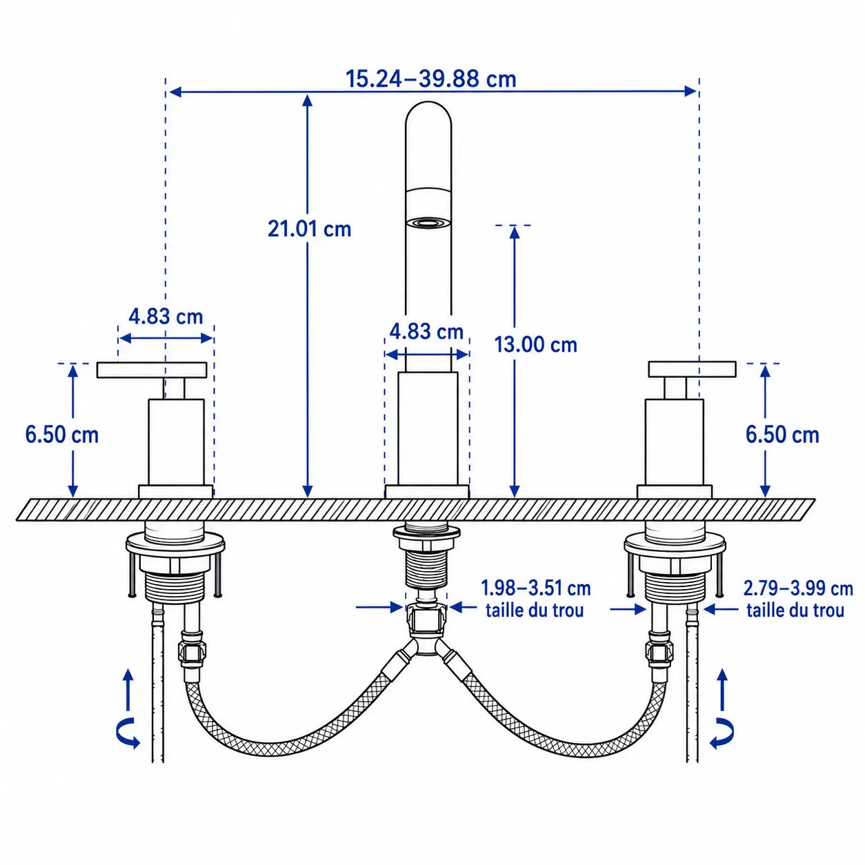 Schéma technique du robinet de lavabo 3 trous avec dimensions précises, entraxe réglable et spécifications d’installation Image