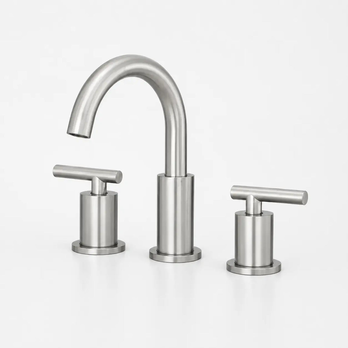 Robinet de lavabo 3 trous en acier inoxydable brossé avec bec courbé et deux poignées cylindriques modernes