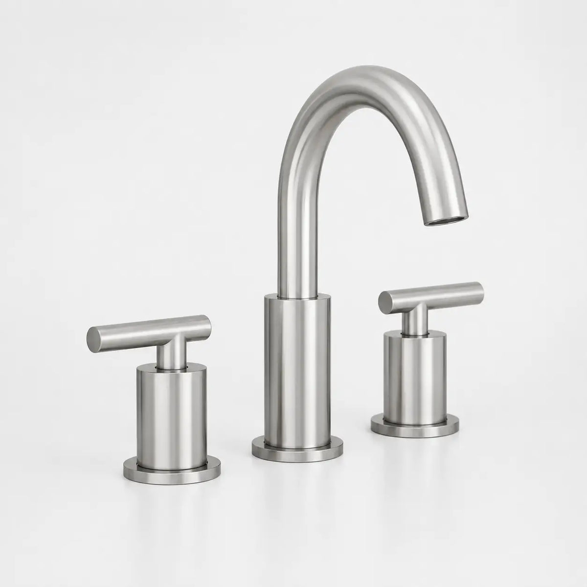 Robinet de lavabo 3 trous en acier inoxydable brossé avec bec haut arrondi et poignées cylindriques modernes
