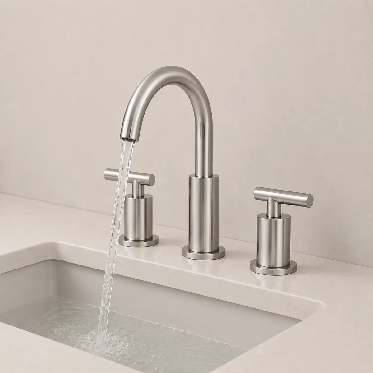 Robinet de lavabo 3 trous en acier inoxydable brossé avec bec incurvé, poignées cylindriques et eau en écoulement